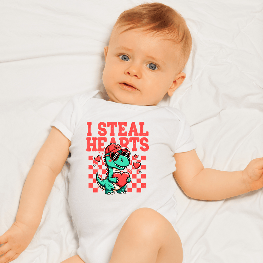 Baby shower gift idea dinosaur baby onesie with heart design