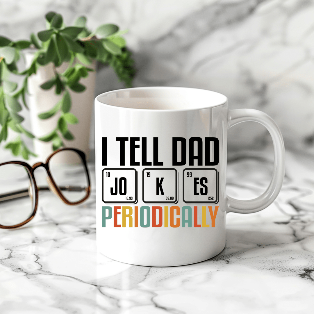 Funny dad coffee mug featuring colorful periodic table typography and novelty science joke artwork