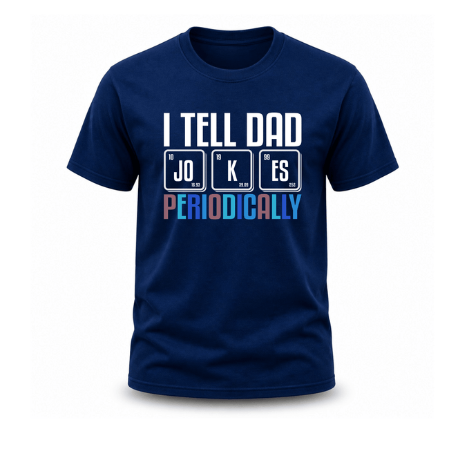 Blue funny science dad T shirt featuring periodic table joke for Father’s Day gifts