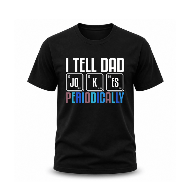 Black funny dad joke T shirt with periodic table inspired typography and colorful periodically text