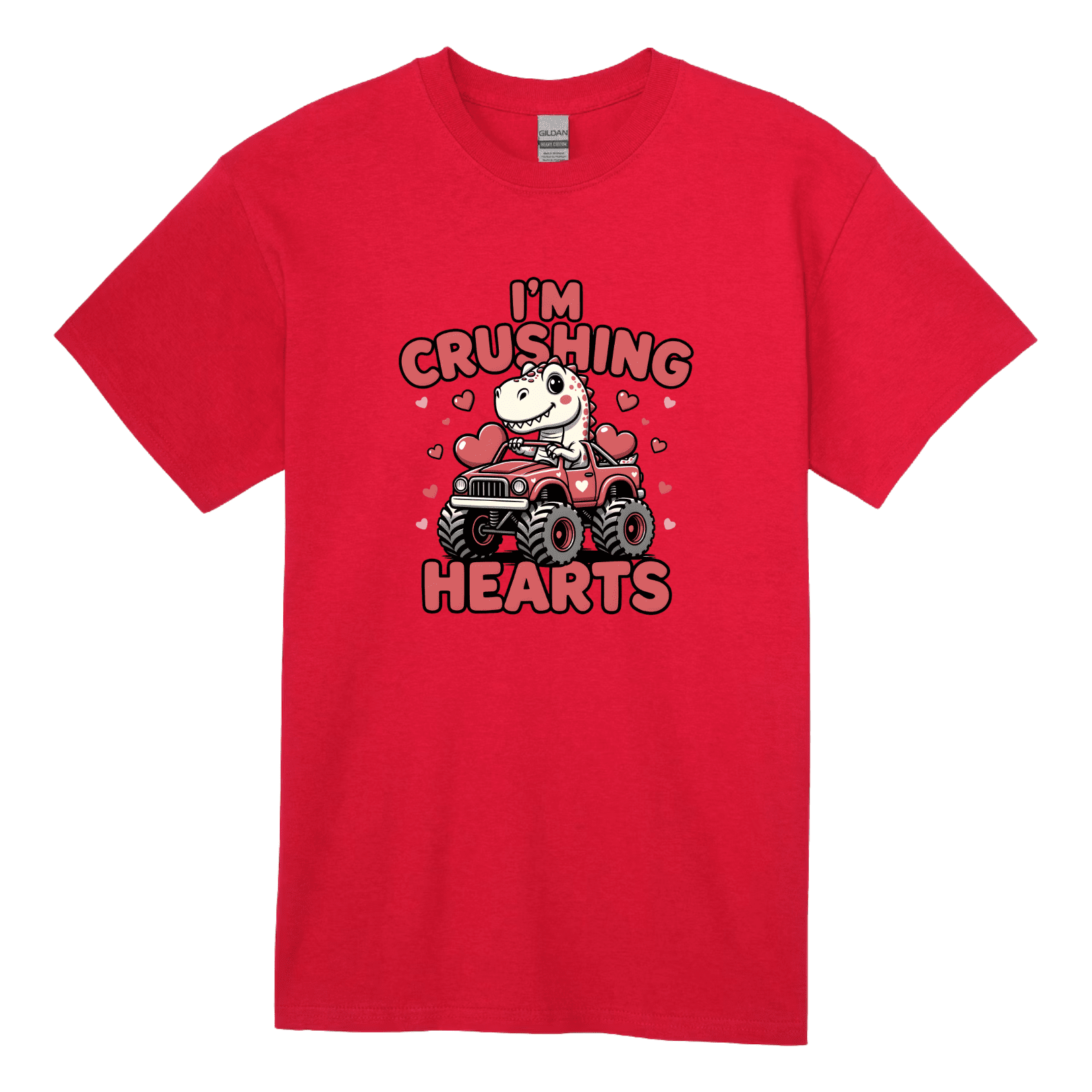 Red kids Valentine's Day t-shirt with cute cartoon T-Rex driving monster truck crushing hearts