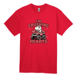 Red kids Valentine's Day t-shirt with cute cartoon T-Rex driving monster truck crushing hearts