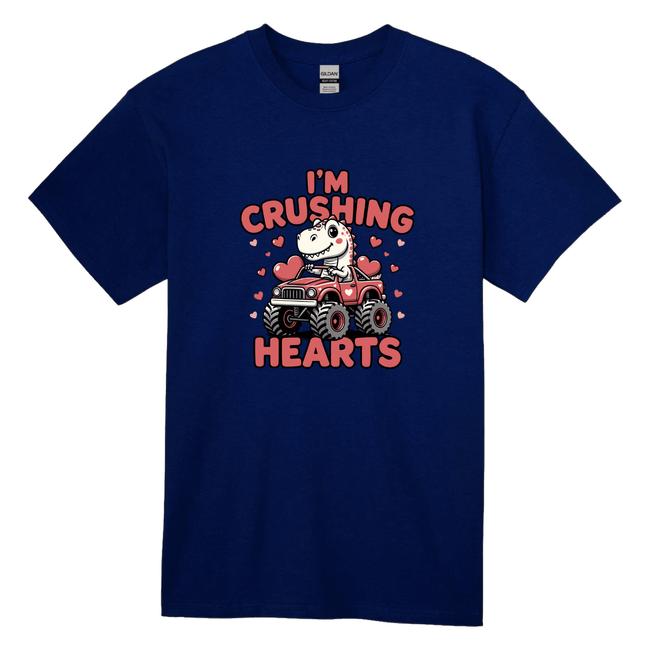 Navy blue adult Valentine's tee with adorable crushing hearts T-Rex monster truck graphic