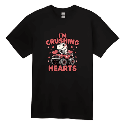 Black funny Valentine's Day shirt showing kawaii dinosaur driving heart-covered monster truck