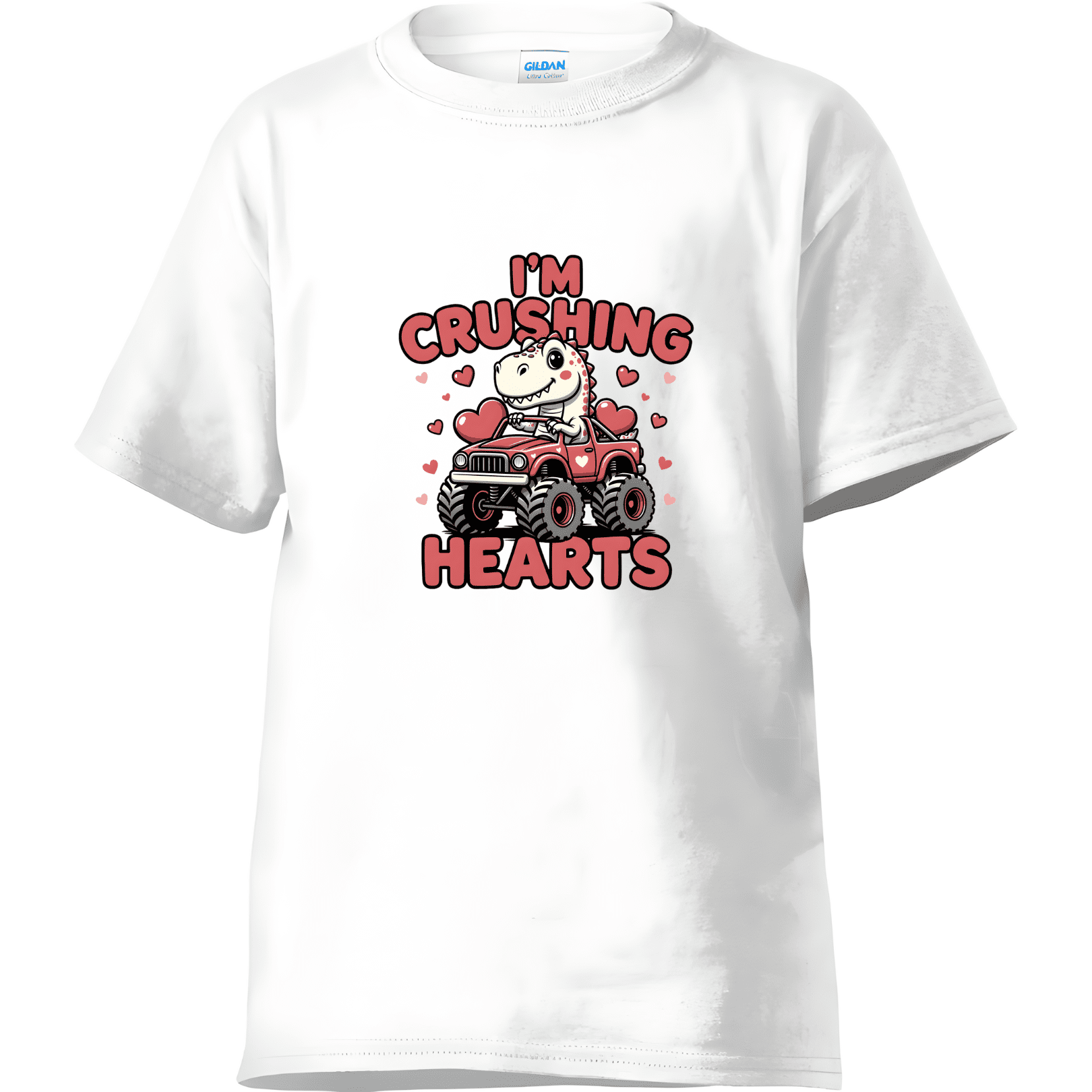 White toddler Valentine dinosaur t-shirt with bold pink and red I'm Crushing Hearts design