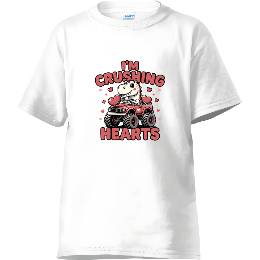 White toddler Valentine dinosaur t-shirt with bold pink and red I'm Crushing Hearts design