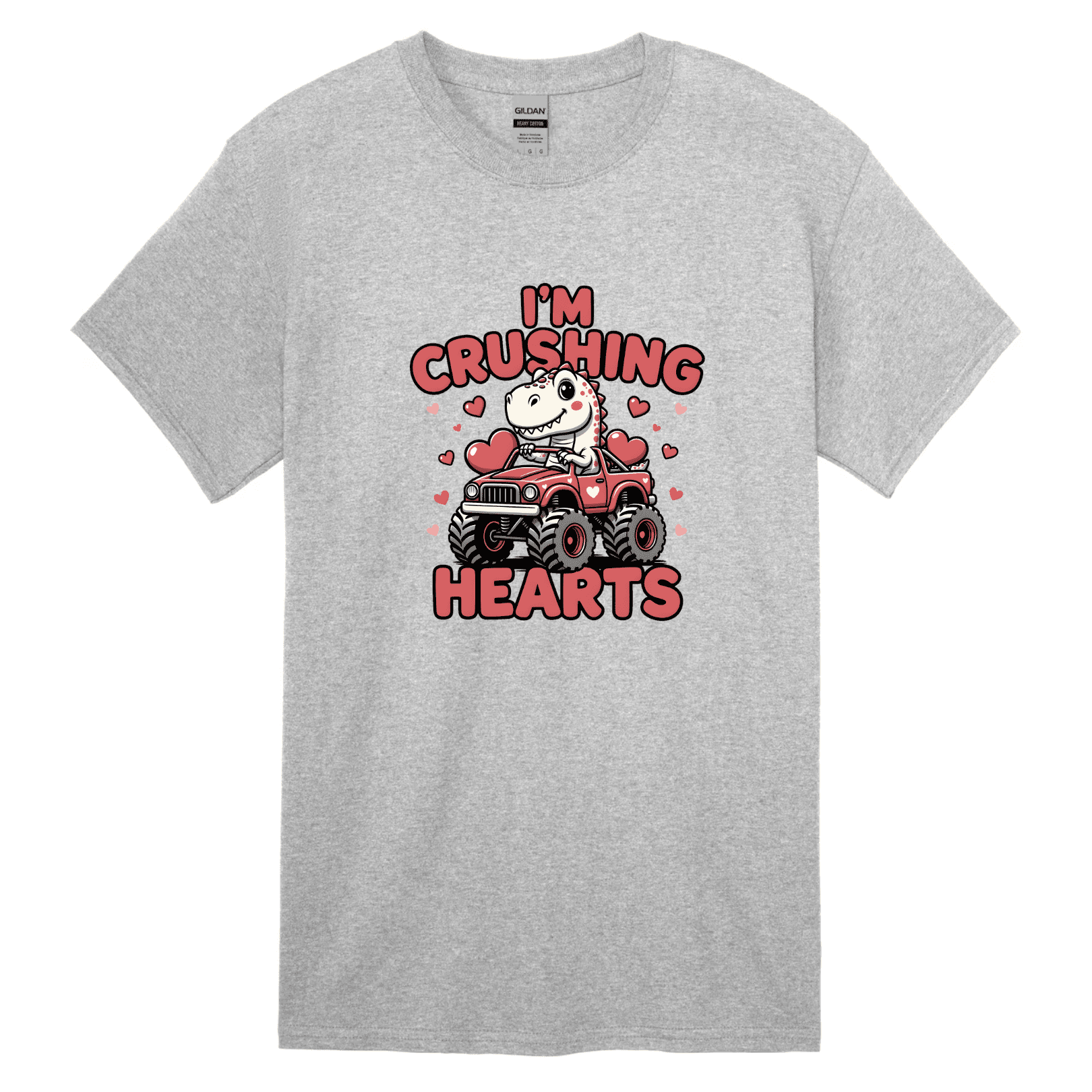 Sport grey youth Valentine shirt featuring funny dinosaur in monster truck with hearts - I'm Crushing Hearts