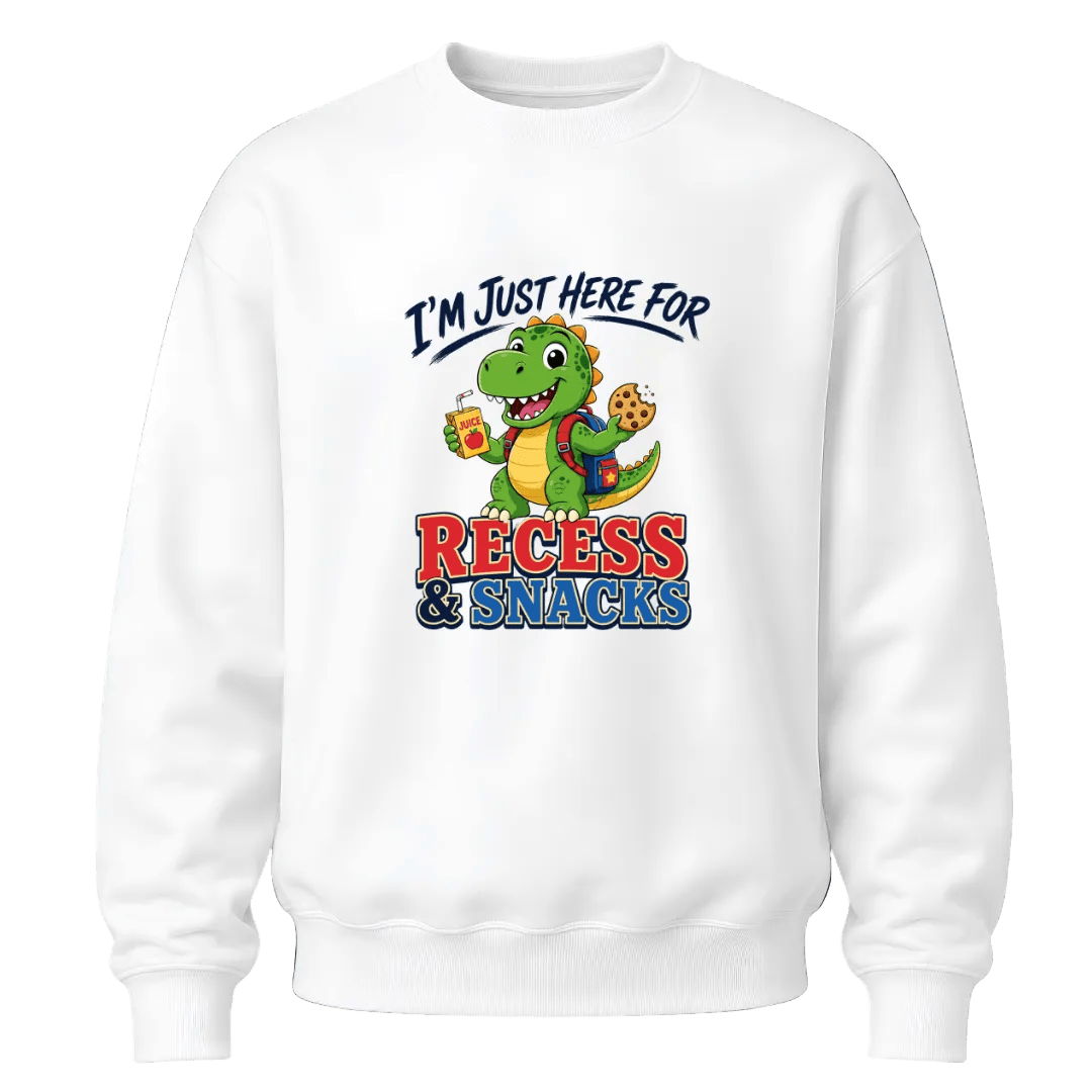 White youth crewneck sweatshirt featuring a cute dinosaur holding a cookie and juice box with I'm Just Here for Recess and Snacks school graphic
