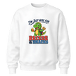 White youth crewneck sweatshirt featuring a cute dinosaur holding a cookie and juice box with I'm Just Here for Recess and Snacks school graphic
