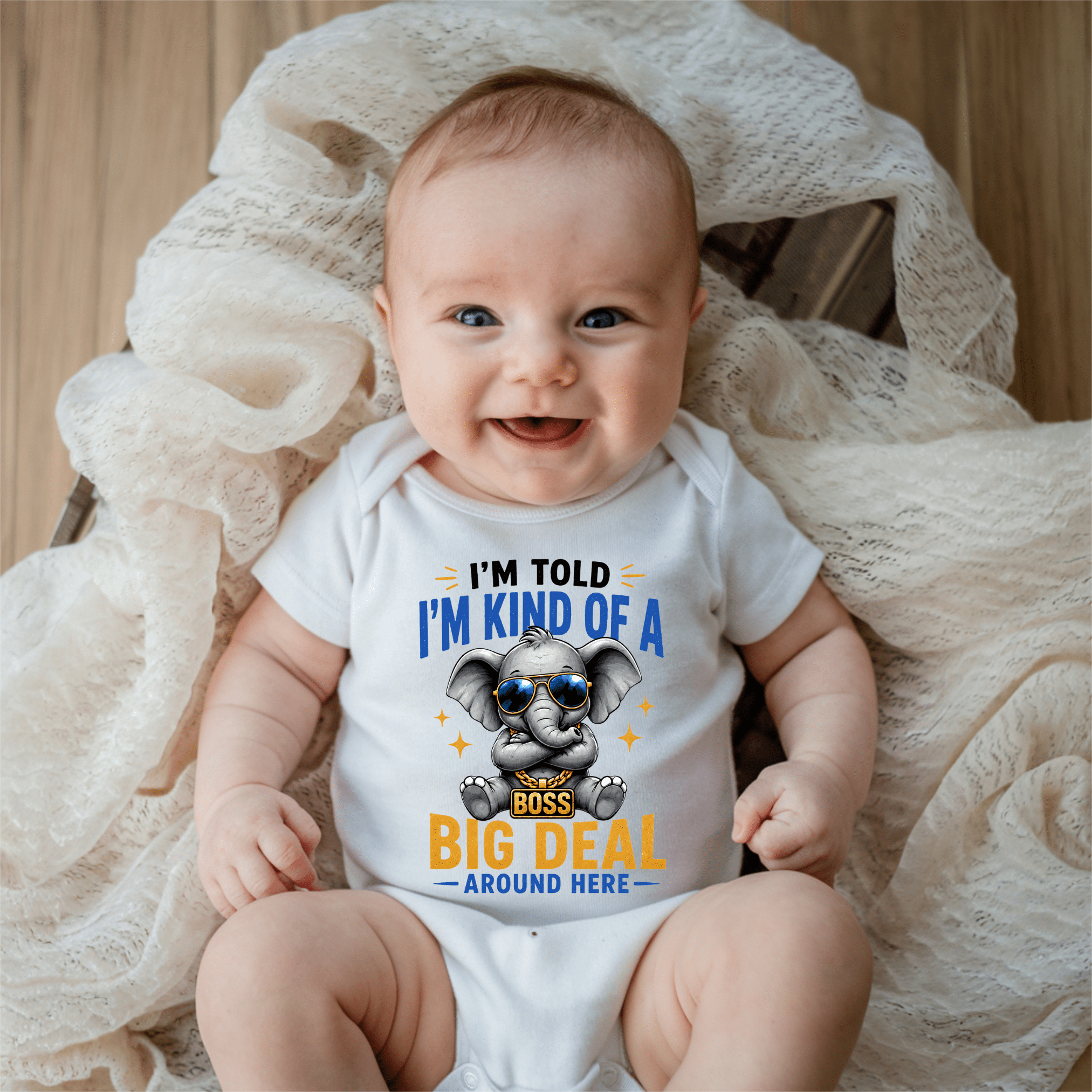 Funny newborn outfit featuring boss elephant artwork perfect for baby shower gifts