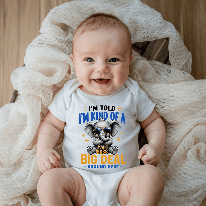 Funny newborn outfit featuring boss elephant artwork perfect for baby shower gifts