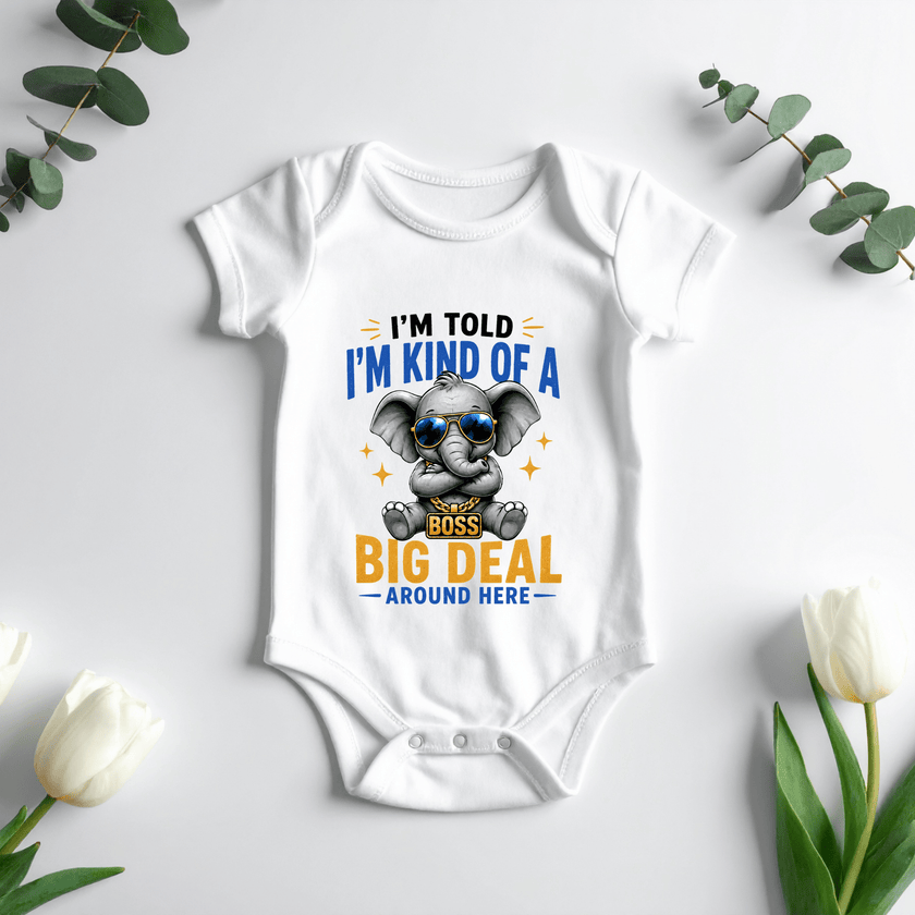 Soft white baby onesie with elephant character and humorous saying for boys and girls