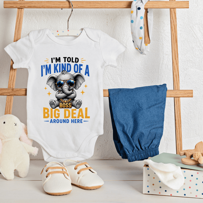 White baby onesie featuring funny elephant with sunglasses and I’m Kind Of A Big Deal Around Here quote