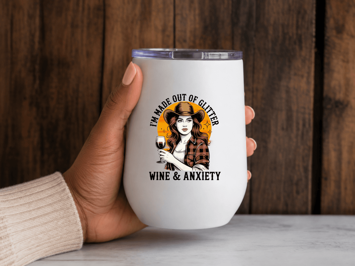 Funny western wine tumbler with cowgirl illustration, plaid shirt, wine glass and Glitter Wine and Anxiety quote