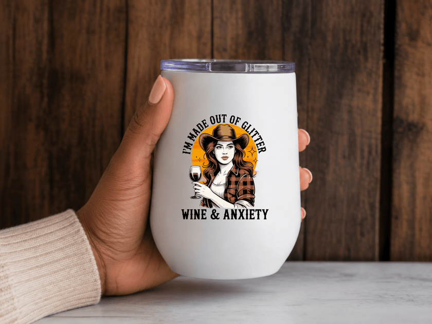 Funny western wine tumbler with cowgirl illustration, plaid shirt, wine glass and Glitter Wine and Anxiety quote