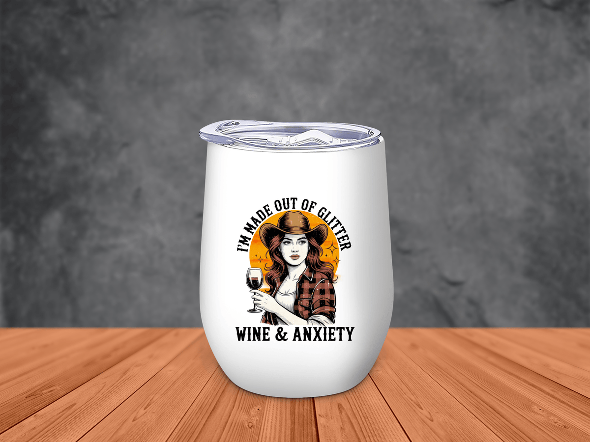 White stemless cowgirl wine tumbler with clear lid and vintage western artwork, gift idea for women and wine lovers