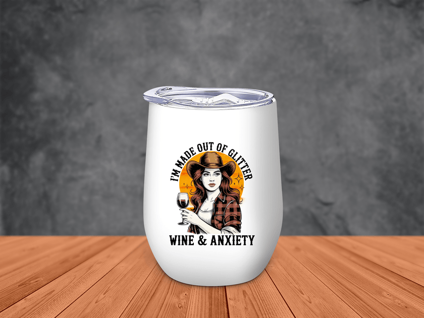 White stemless cowgirl wine tumbler with clear lid and vintage western artwork, gift idea for women and wine lovers