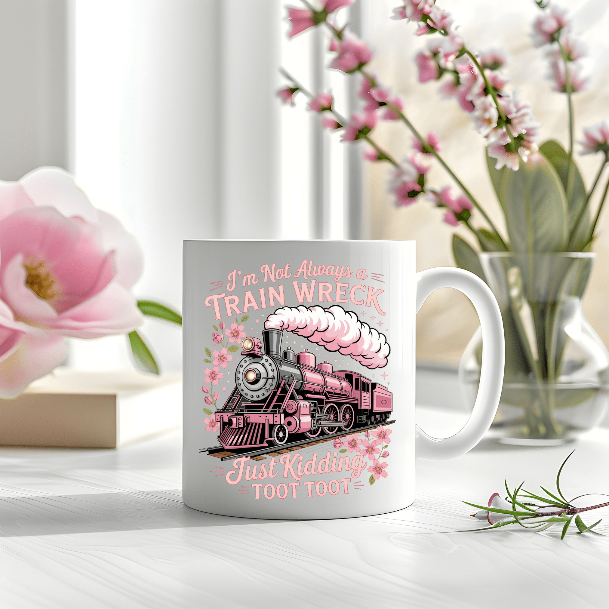 Cute novelty train mug with pink locomotive design displayed in bright spring styled setting with flowers