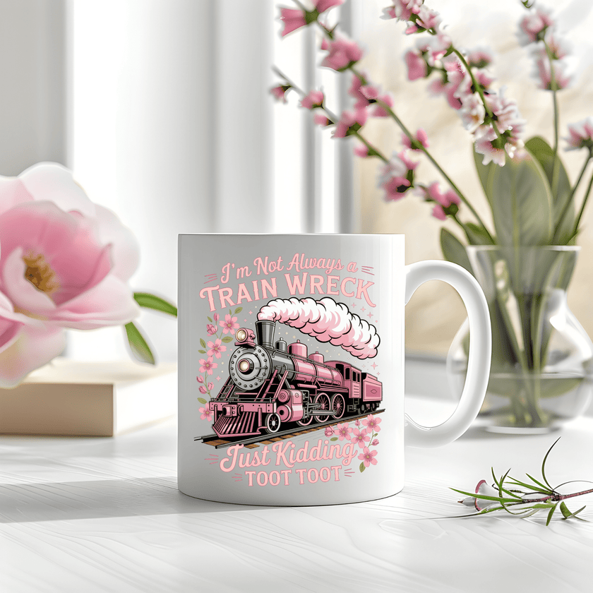 Cute novelty train mug with pink locomotive design displayed in bright spring styled setting with flowers