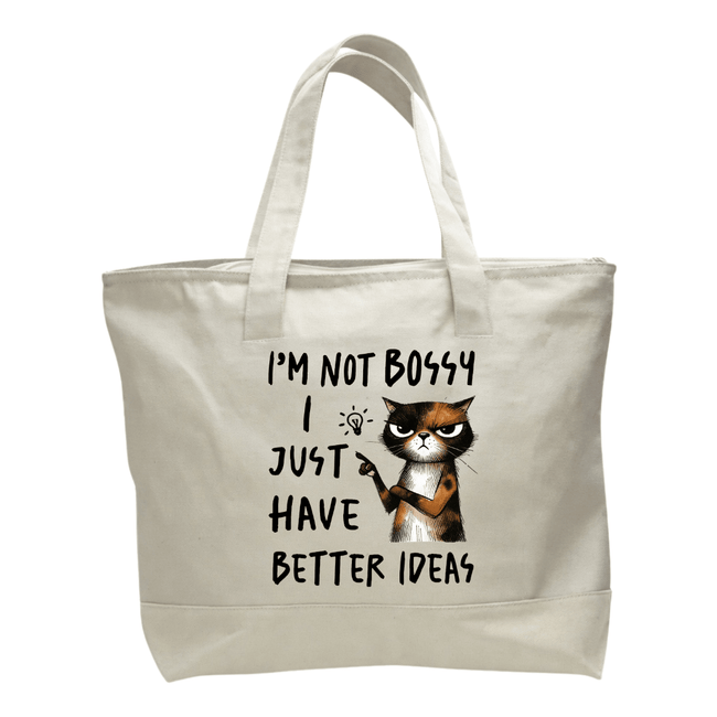 Natural canvas 19L tote bag with black handles featuring a grumpy cat graphic and the quote I'm Not Bossy I Just Have Better Ideas