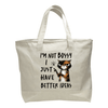 Natural canvas 19L tote bag with black handles featuring a grumpy cat graphic and the quote I'm Not Bossy I Just Have Better Ideas