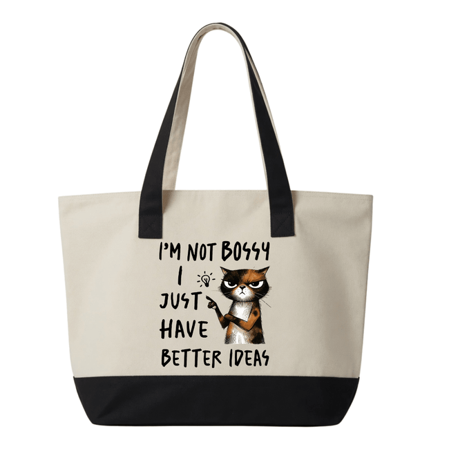 Large reusable canvas tote bag with funny cat illustration and sarcastic quote perfect for shopping work school and daily errands