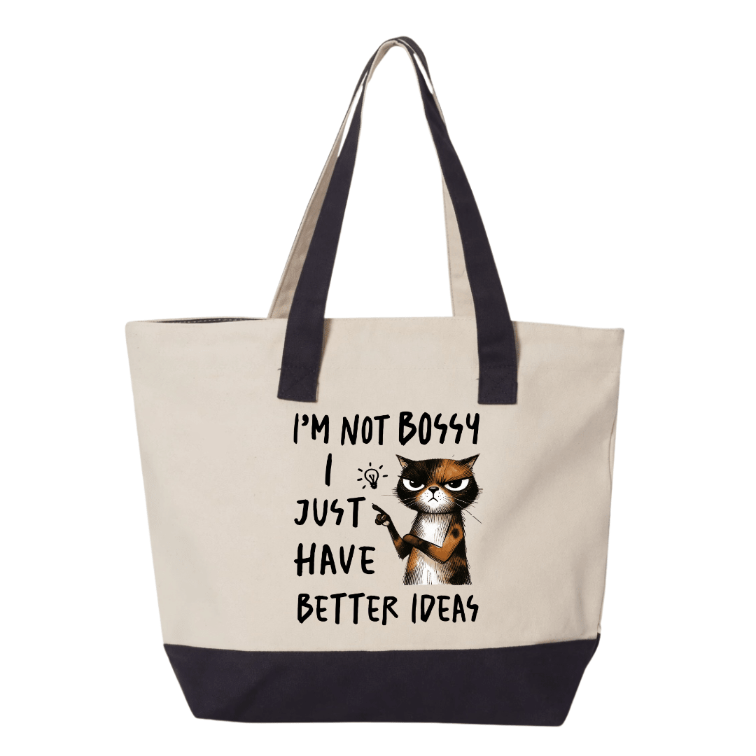 Premium cat lover tote bag with humorous grumpy cat design printed on natural canvas with black accent trim and spacious interior for everyday use