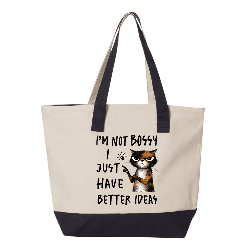 Premium cat lover tote bag with humorous grumpy cat design printed on natural canvas with black accent trim and spacious interior for everyday use