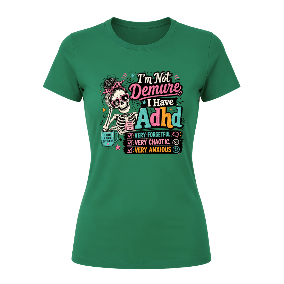 Irish Green women’s ADHD graphic tee featuring colourful skeleton and relatable chaotic forgetful anxious humour