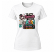 White women’s ADHD T shirt with vibrant skeleton design and I’m Not Demure I Have ADHD graphic on front