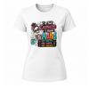 White women’s ADHD T shirt with vibrant skeleton design and I’m Not Demure I Have ADHD graphic on front