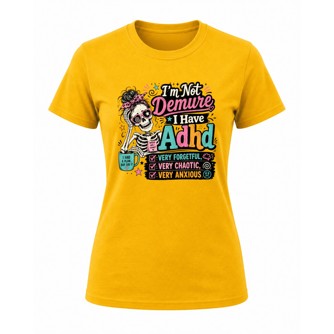 Yellow women’s funny ADHD graphic tee featuring colourful skeleton artwork and bold relatable typography