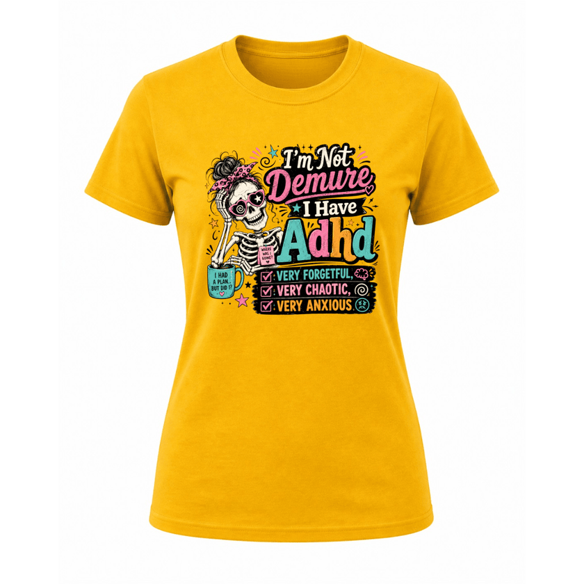 Yellow women’s funny ADHD graphic tee featuring colourful skeleton artwork and bold relatable typography