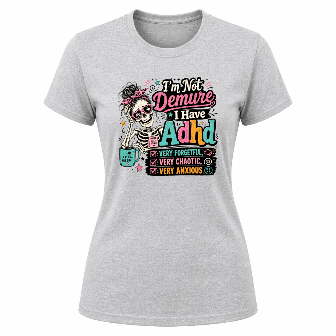 Sport Grey women’s graphic T shirt featuring colourful ADHD skeleton artwork and relatable humorous slogan