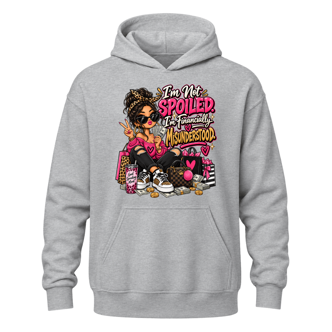 Grey women’s pullover hoodie with funny financially misunderstood graphic for shoppers and fashion lovers