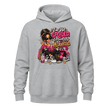 Grey women’s pullover hoodie with funny financially misunderstood graphic for shoppers and fashion lovers