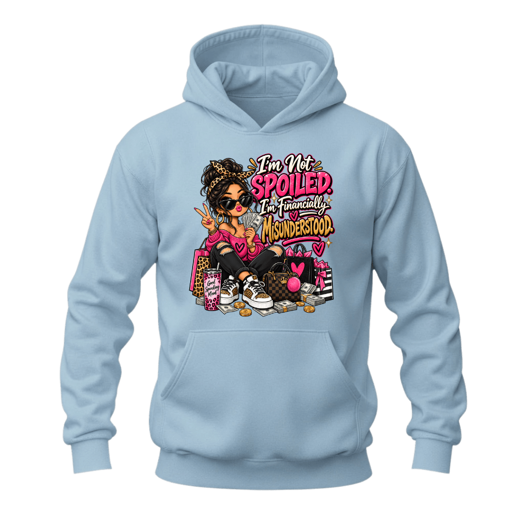 Light blue women’s funny shopping hoodie with stylish character, shopping bags and humorous money saying