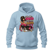 Light blue women’s funny shopping hoodie with stylish character, shopping bags and humorous money saying