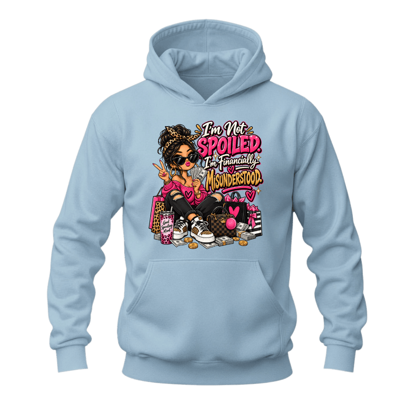 Light blue women’s funny shopping hoodie with stylish character, shopping bags and humorous money saying