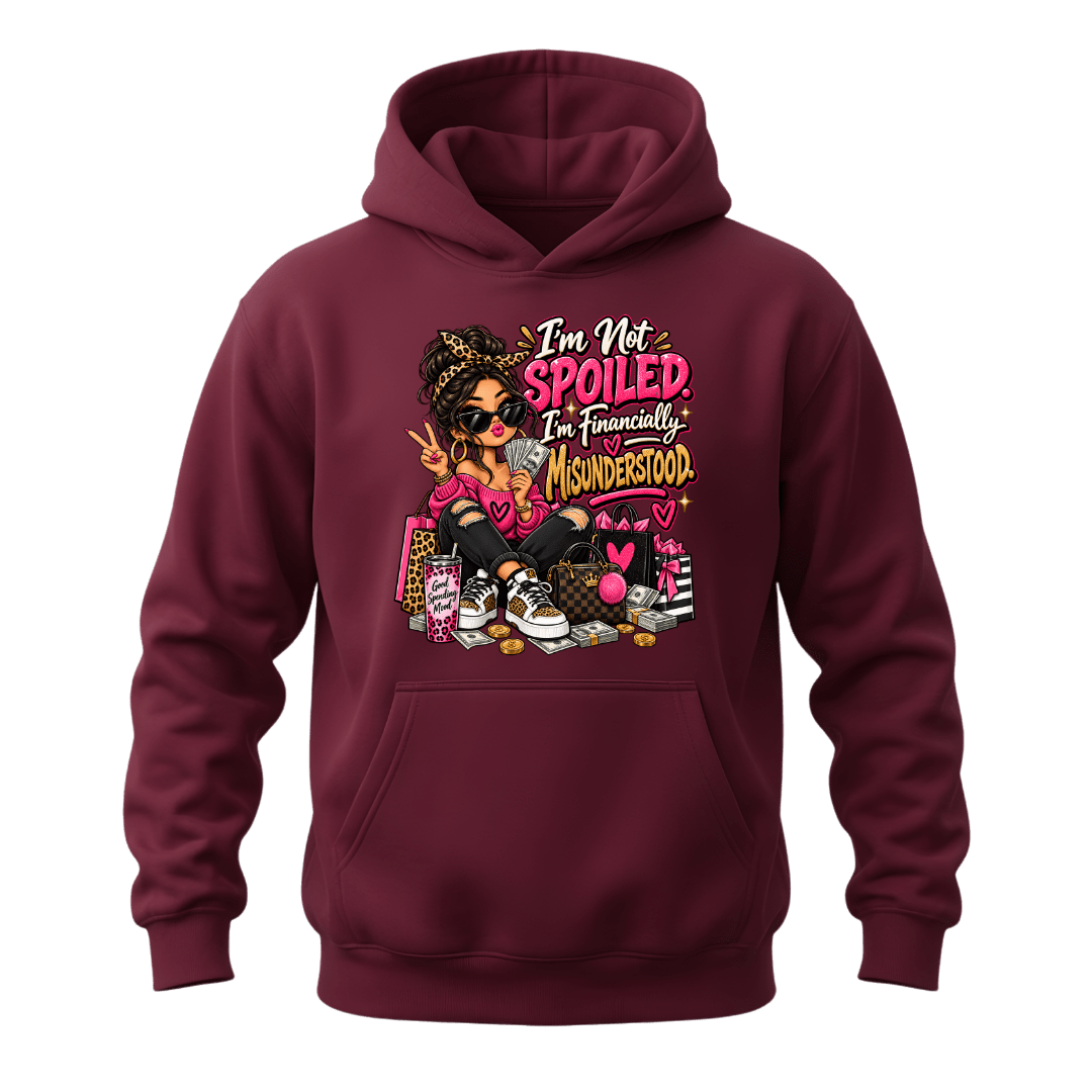Maroon women’s funny graphic hoodie with shopping lover character and financially misunderstood quote