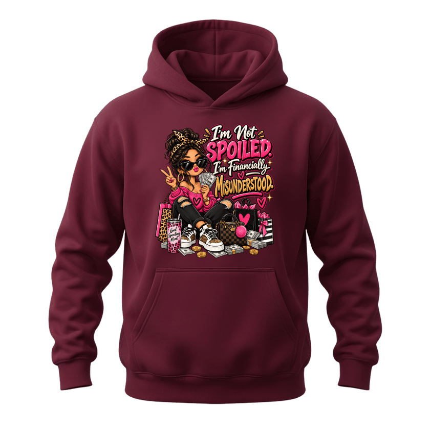 Maroon women’s funny graphic hoodie with shopping lover character and financially misunderstood quote
