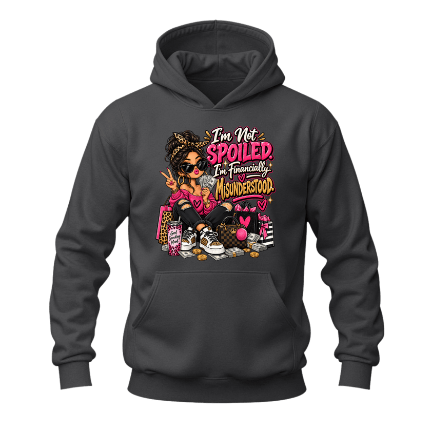 Charcoal grey women’s funny hoodie featuring stylish shopping character and I’m Not Spoiled saying