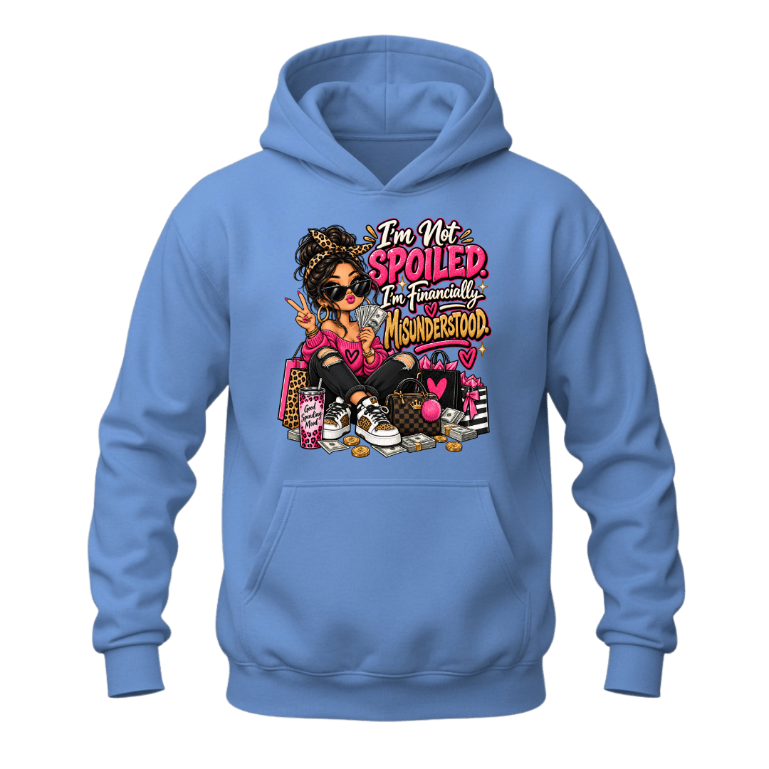 Carolina blue financially misunderstood women’s pullover hoodie with humorous shopping themed graphic
