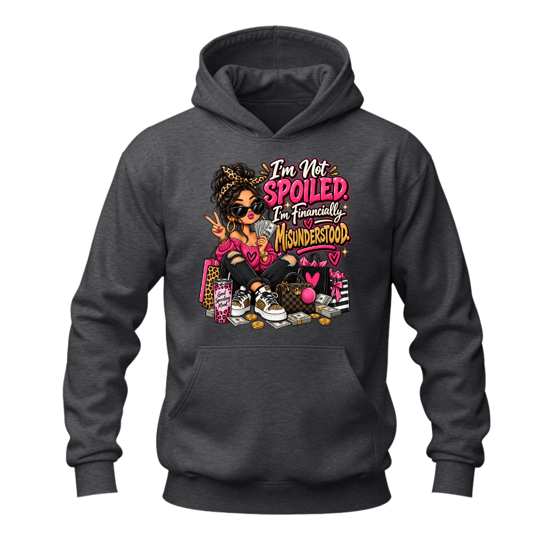 Dark heather grey funny women’s graphic hoodie featuring shopping bags, money and sarcastic spending quote