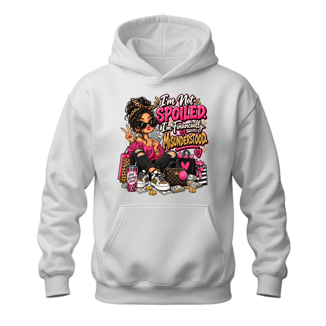 White financially misunderstood women’s hoodie with colourful funny shopping graphic and sarcastic quote