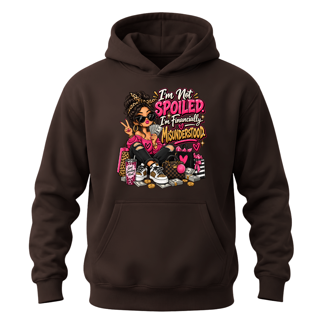 Dark chocolate women’s hoodie with financially misunderstood shopaholic graphic for shopping and fashion lovers