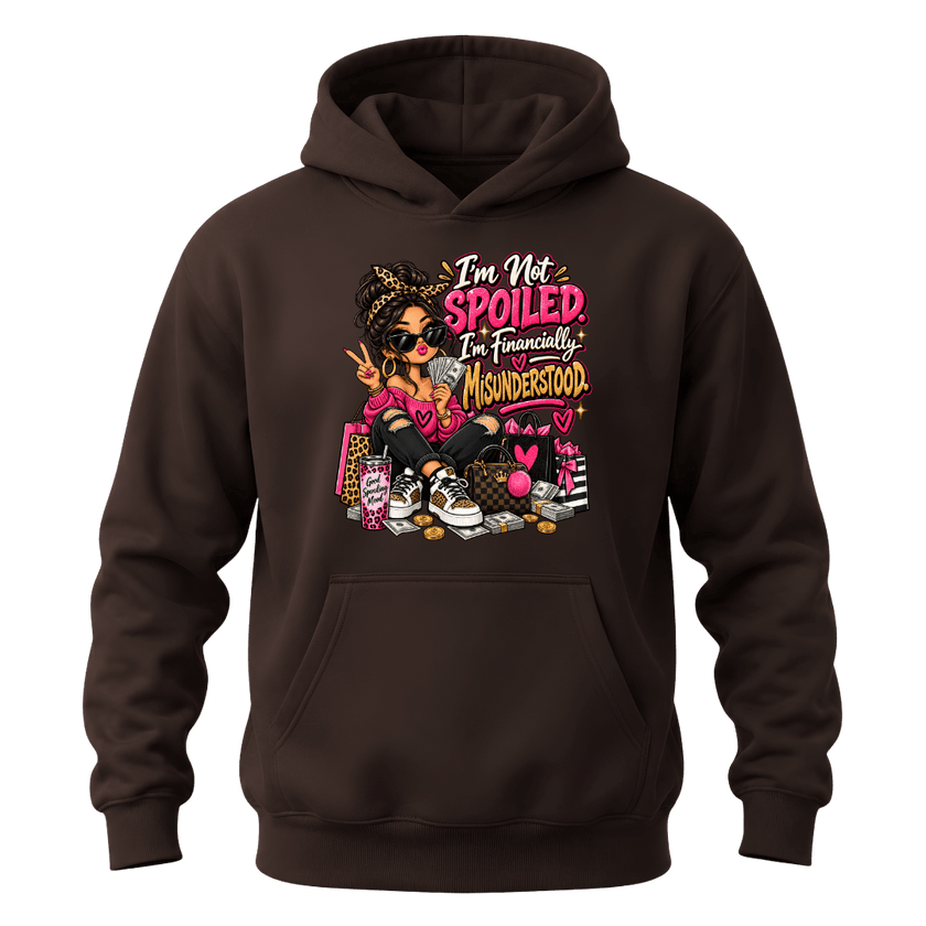 Dark chocolate women’s hoodie with financially misunderstood shopaholic graphic for shopping and fashion lovers