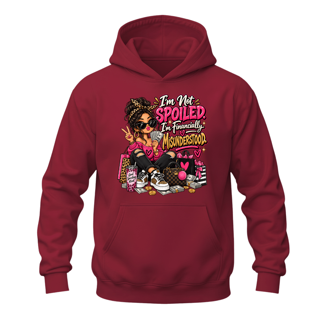 Cardinal red women’s hoodie with funny I’m Not Spoiled shopping lover graphic and colourful fashion artwork