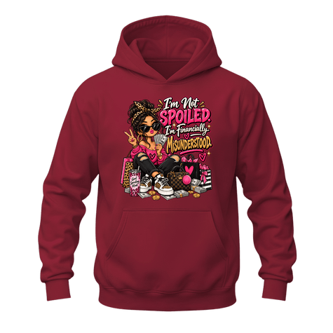 Cardinal red women’s hoodie with funny I’m Not Spoiled shopping lover graphic and colourful fashion artwork