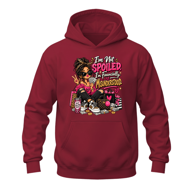 Cardinal red women’s hoodie with funny I’m Not Spoiled shopping lover graphic and colourful fashion artwork